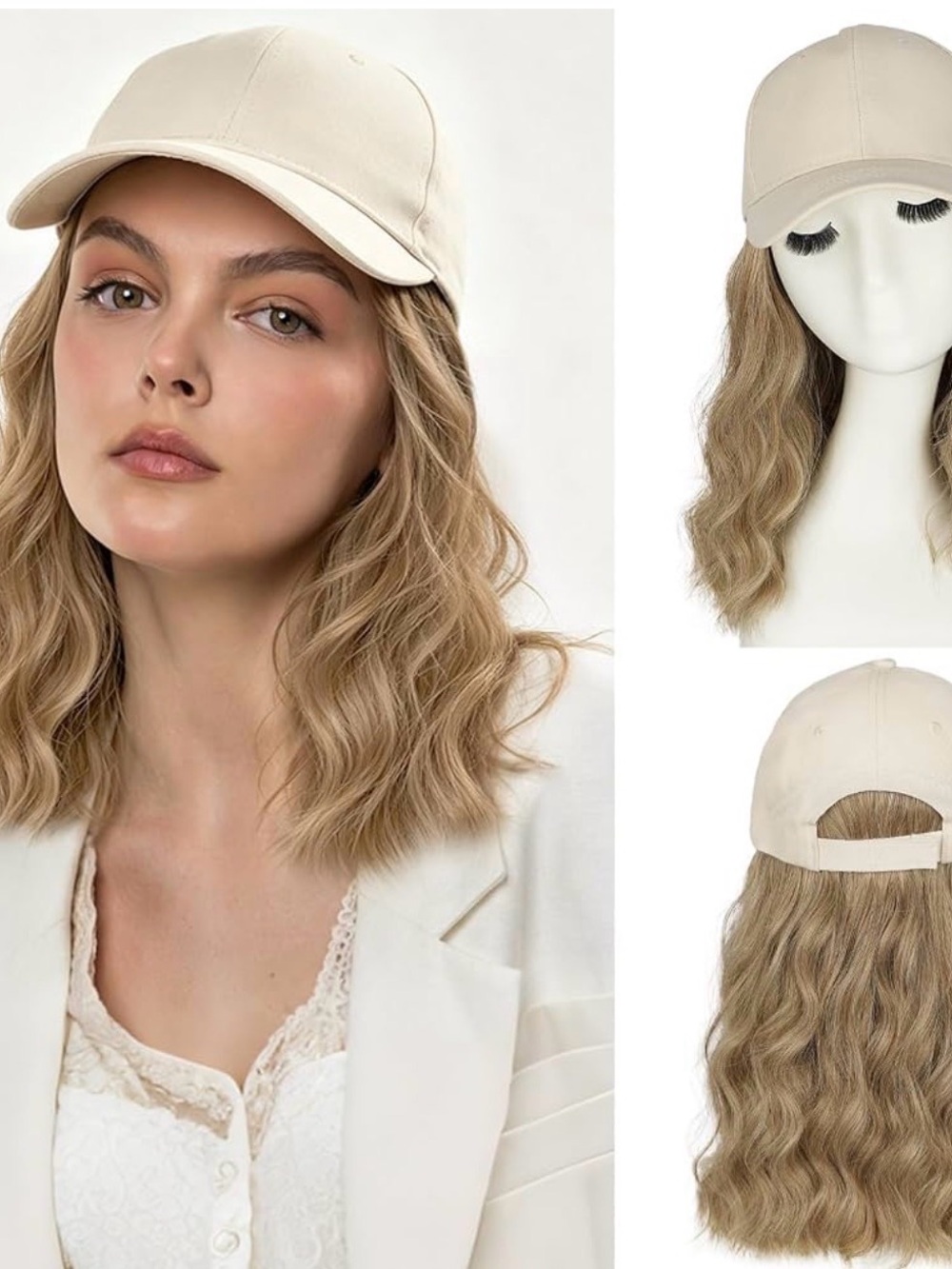Neutral Cream Baseball Cap with Wavy Hair Attachment